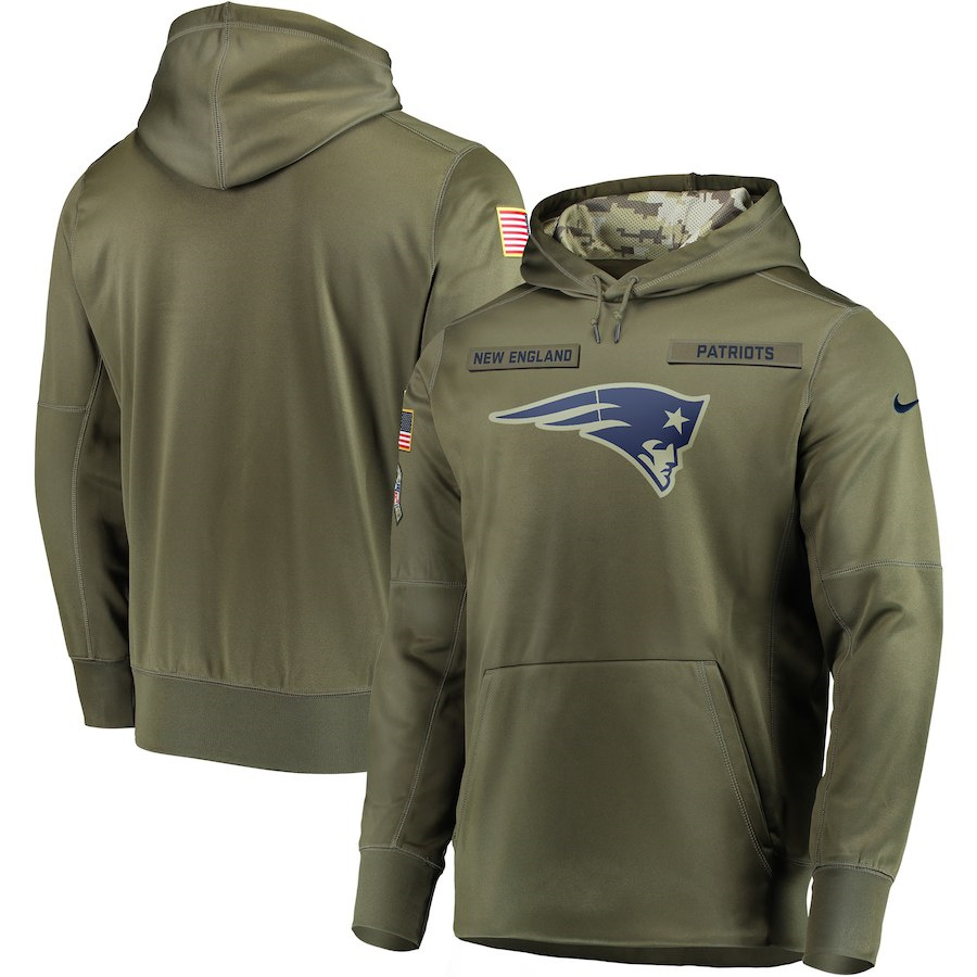 Men's New England Patriots 2018 Olive Salute to Service Sideline Therma Performance Pullover Stitched NFL Hoodie